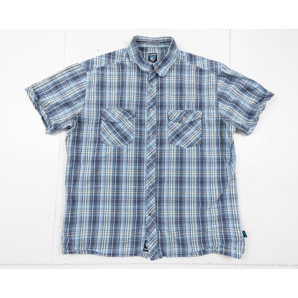 Kuhl Shirt Mens XLarge Blue Button Down Short Sleeve Suncel Outdoors Hike Plaid